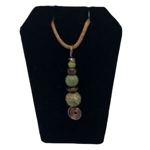 Necklace Stone/Wood Handmade Pendant 18-20.5”L Green/Brown